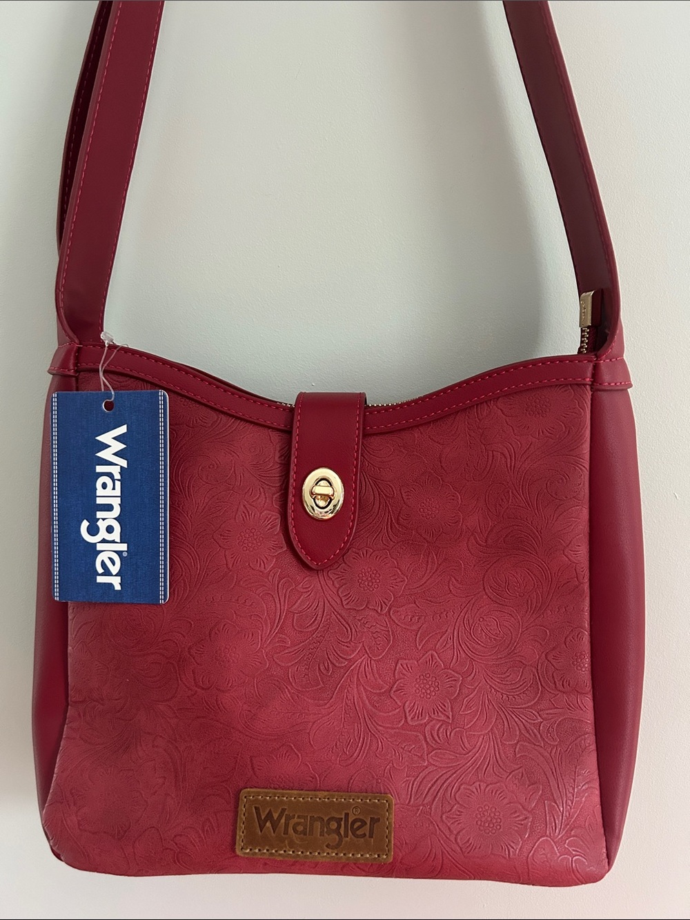 Wrangler Red Floral Embossed Shoulder Bag with Gold Turn-Lock